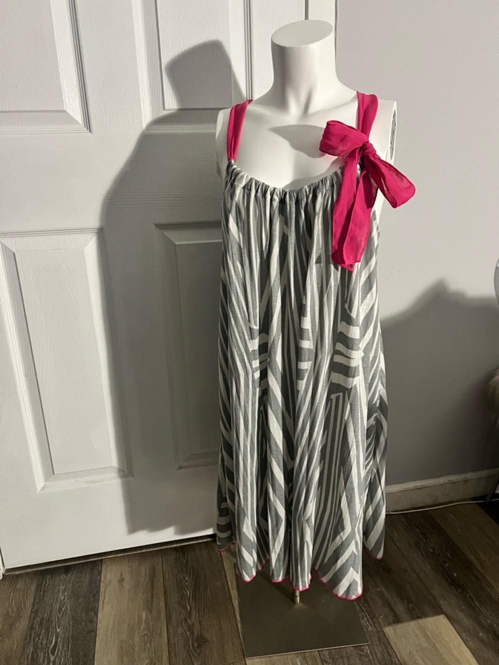 Anne Klein Gray and Hot Pink Striped A-Line Halter Dress